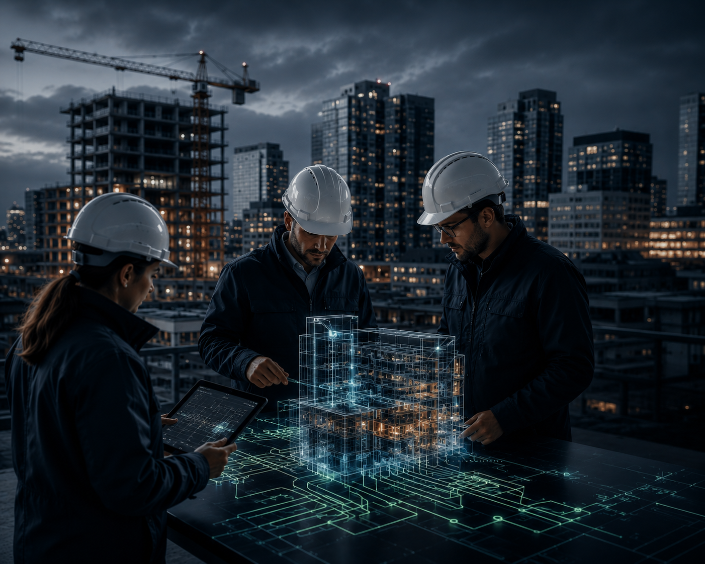Three engineers in hard hats reviewing a glowing holographic building model on a rooftop, city skyline behind them at dusk