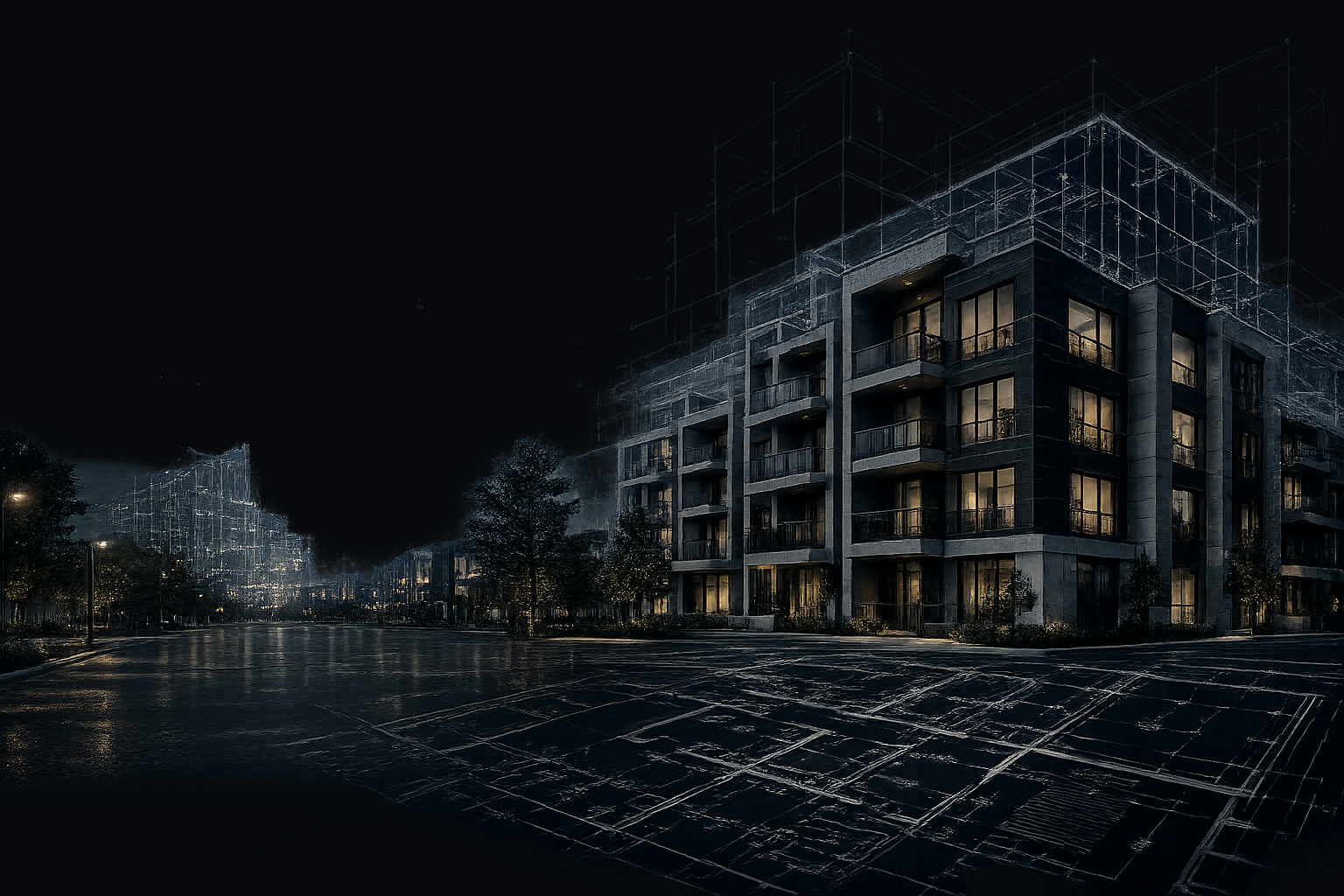 Architectural rendering of a modern multifamily building emerging from blueprint linework